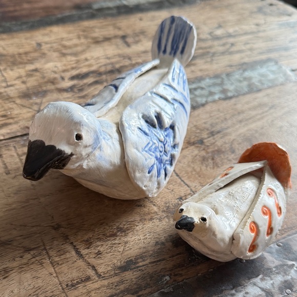 Vintage Handmade Ceramic Bird Figurines - Blue and Orange - Picture 3 of 9